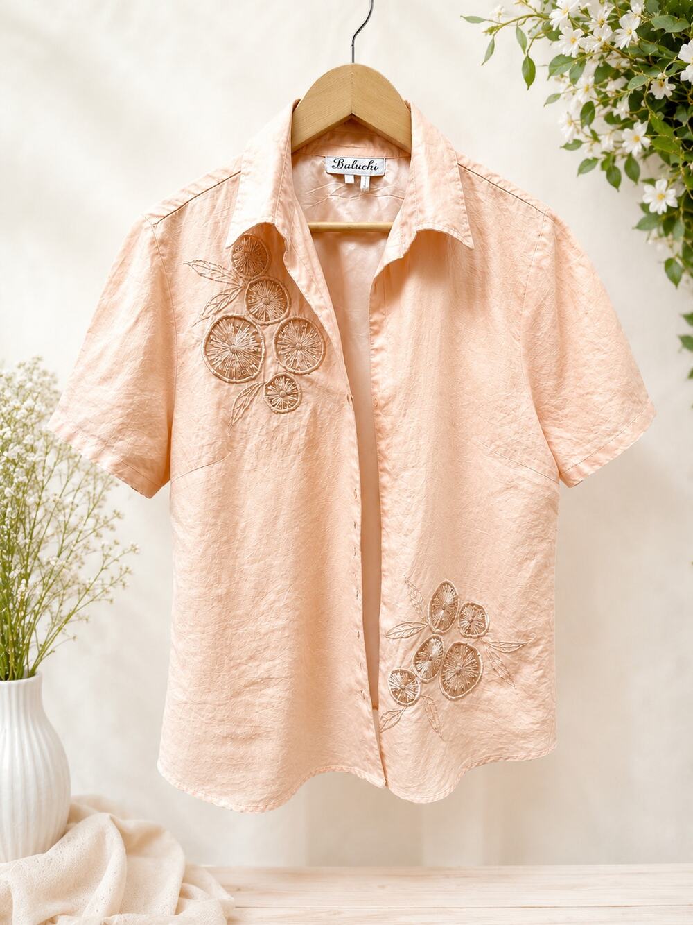 Baluchi 100% Linen Peach Embroidered Blouse Beaded Floral Top
